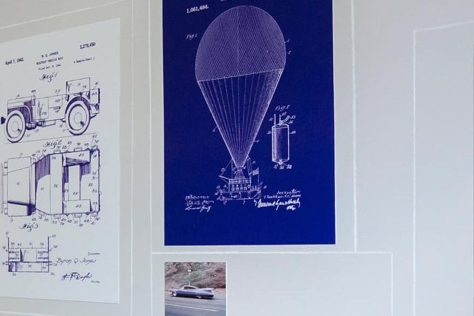 A picture of technical illustrations on a wall