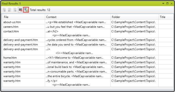 Export results to CSV button - madcap flare