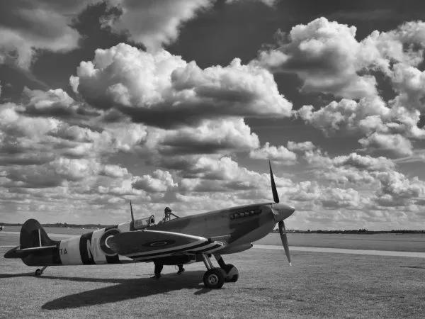 A Supermarine Spitfire on a landing strip
