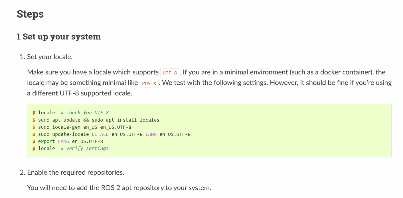 A section on setup steps, taken from the ROS documentation site