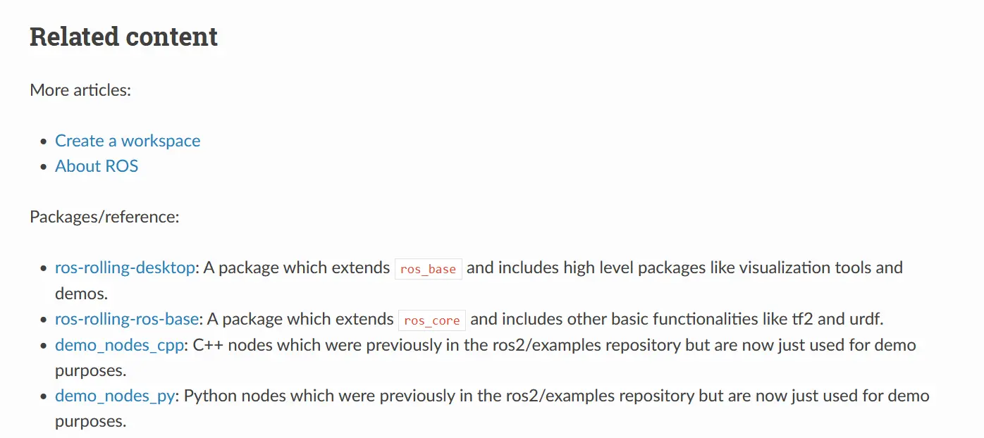 A example of a related content section, taken from the ROS documentation site